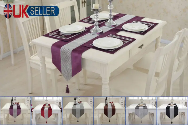 

Table Runner Set Tassel Home Decors Chenille Place-mat Flocked Damask Cushion UK