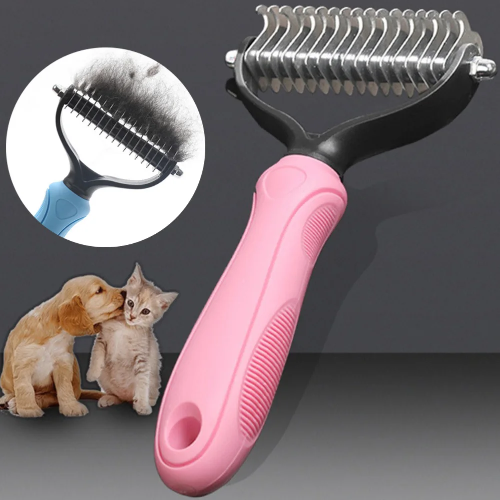 Cortador de nudos para pelo de mascotas, cepillo de doble cara cepillado y caída de pelo para cachorros y gatitos, peine de rastrillo de hoja de Metal