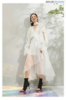 

New 18 spring deep V lotus leaf edge irregular elegant large back dress necktie fairy neckwear long dress.