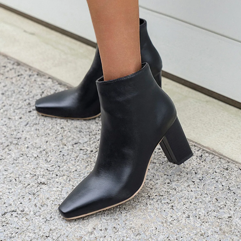 

Fashion Pure Color Square Toe zipper Boots Chunky Heels Vintage Women Boots New Arrival Ankle Boots Shoes High Heels Booties *