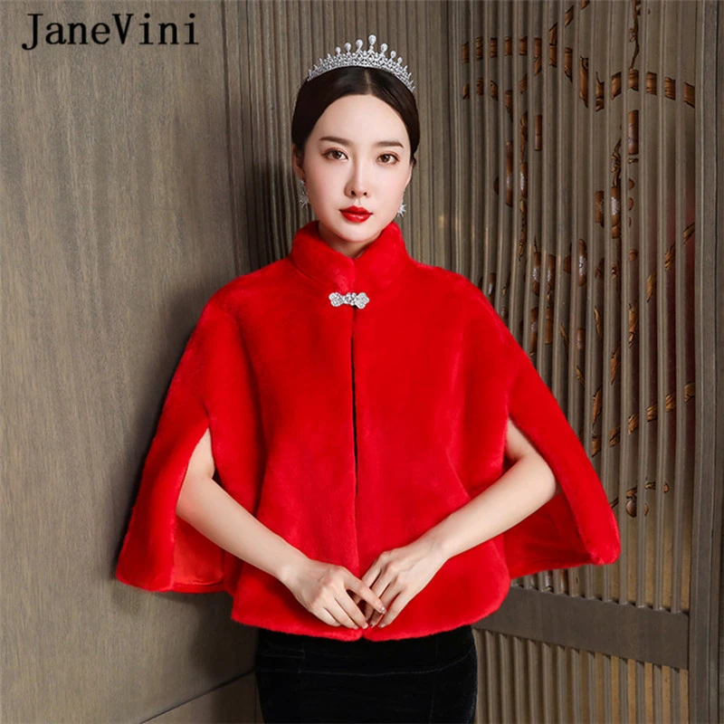 JaneVini 2019 Elegant Bridal Bolero High Neck Red Wedding Shawl Faux Fur Wrap Cloak Winter Warm Cape Evening Party Accessories | Свадьбы и