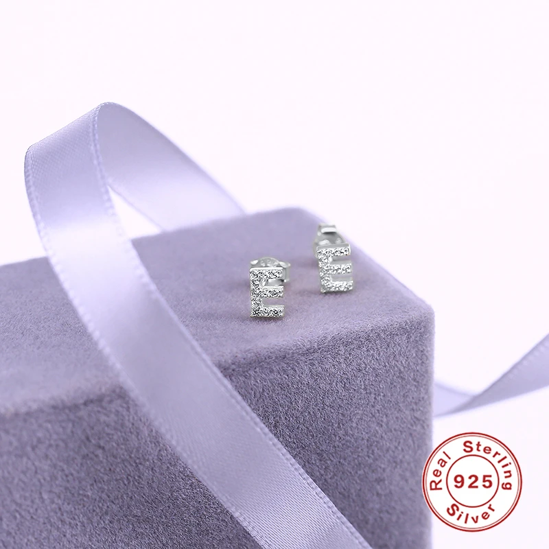 CANNER Small 925 Sterling Silver Alphabet Stud Earrings for Women Exquisite Zircon Cartilage Piercing 26 Letter Earings Jewelry