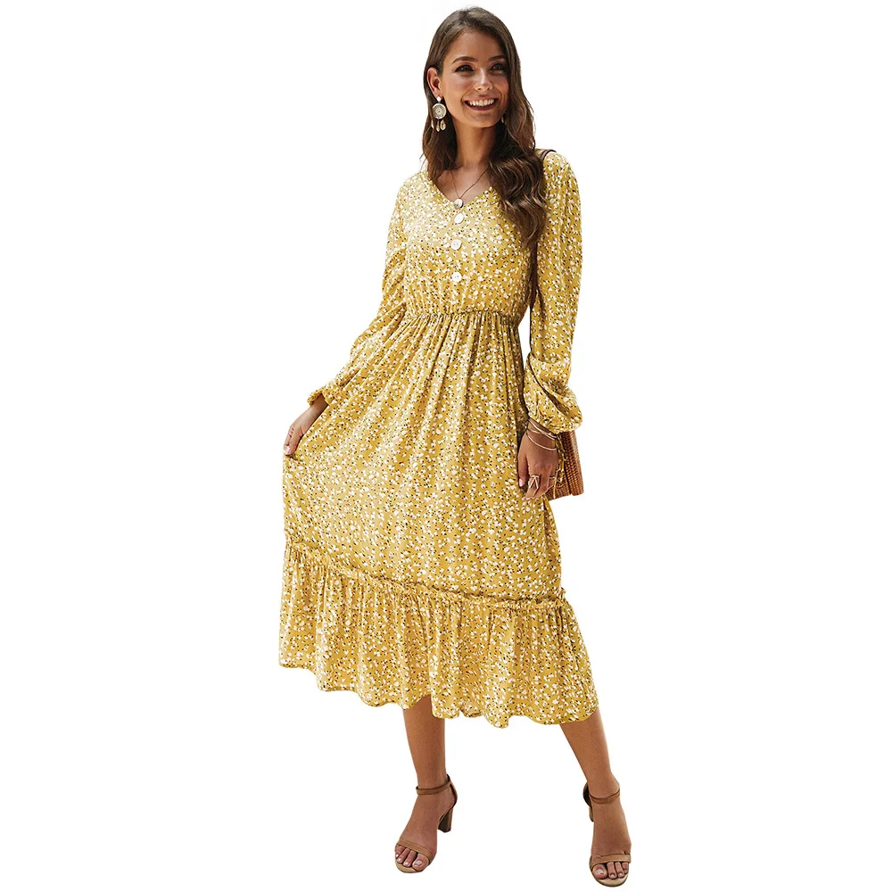 

2020 Women Autumn Dresses Bohemian Long Sleeve Elegant Chiffon Shirt Dress Red Floral Boho Club Party Dress Winter Clothes