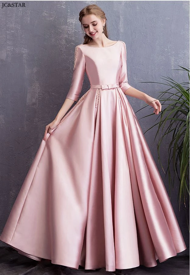 Vestidos de invitada de boda, новинка, атласное платье трапециевидной формы с короткими рукавами и жемчугом, розовое платье подружки невесты, robe de soiree longue brautjungfernkleid
