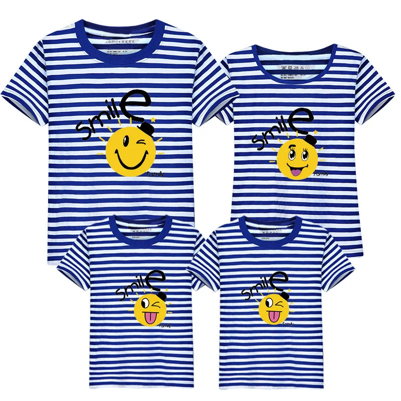 ELAN073blue3 Комплект одежды для семьи; футболки; новые модные хлопковые одинаковые футболки для всей семьи; рубашка со смайликом; Семейные комплекты с короткими рукавами - Цвет: ELAN073blue3