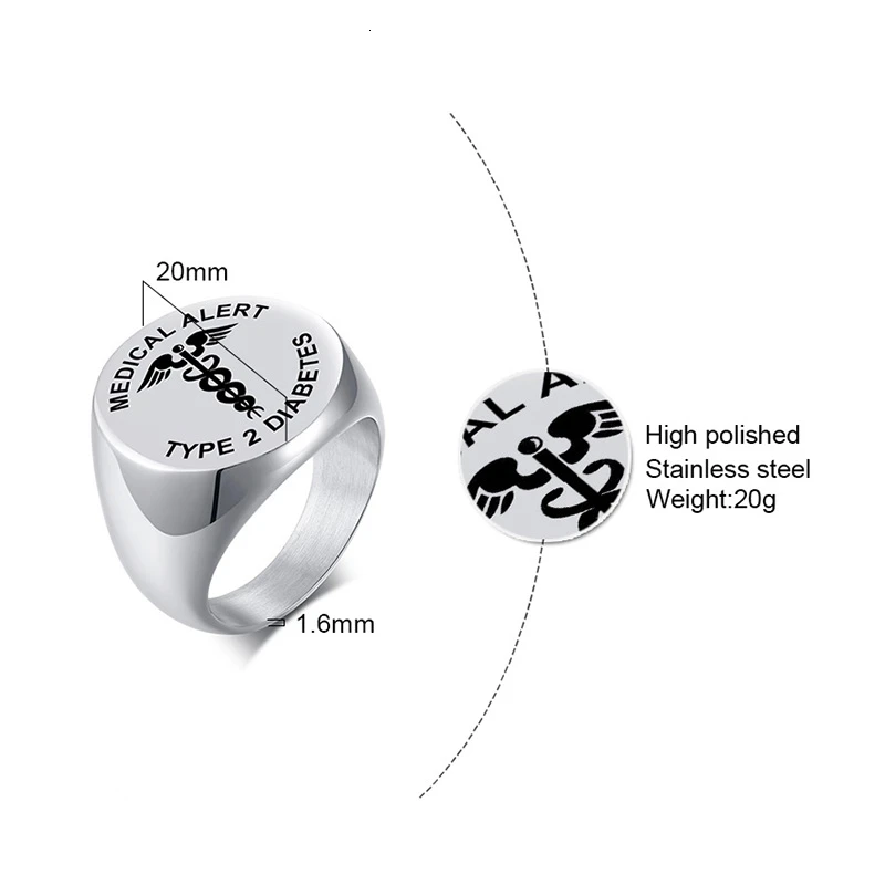 Vnox Медицинский Тип 2 диабет Круглый топ кольцо для мужчин из нержавеющей стали перстень