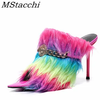

MStacchi Slippers Women Rainbow Fluffy Metal Decoration Shoes Pointed Toe Leather High Heel Party Women Shoes Outdoor Slippers