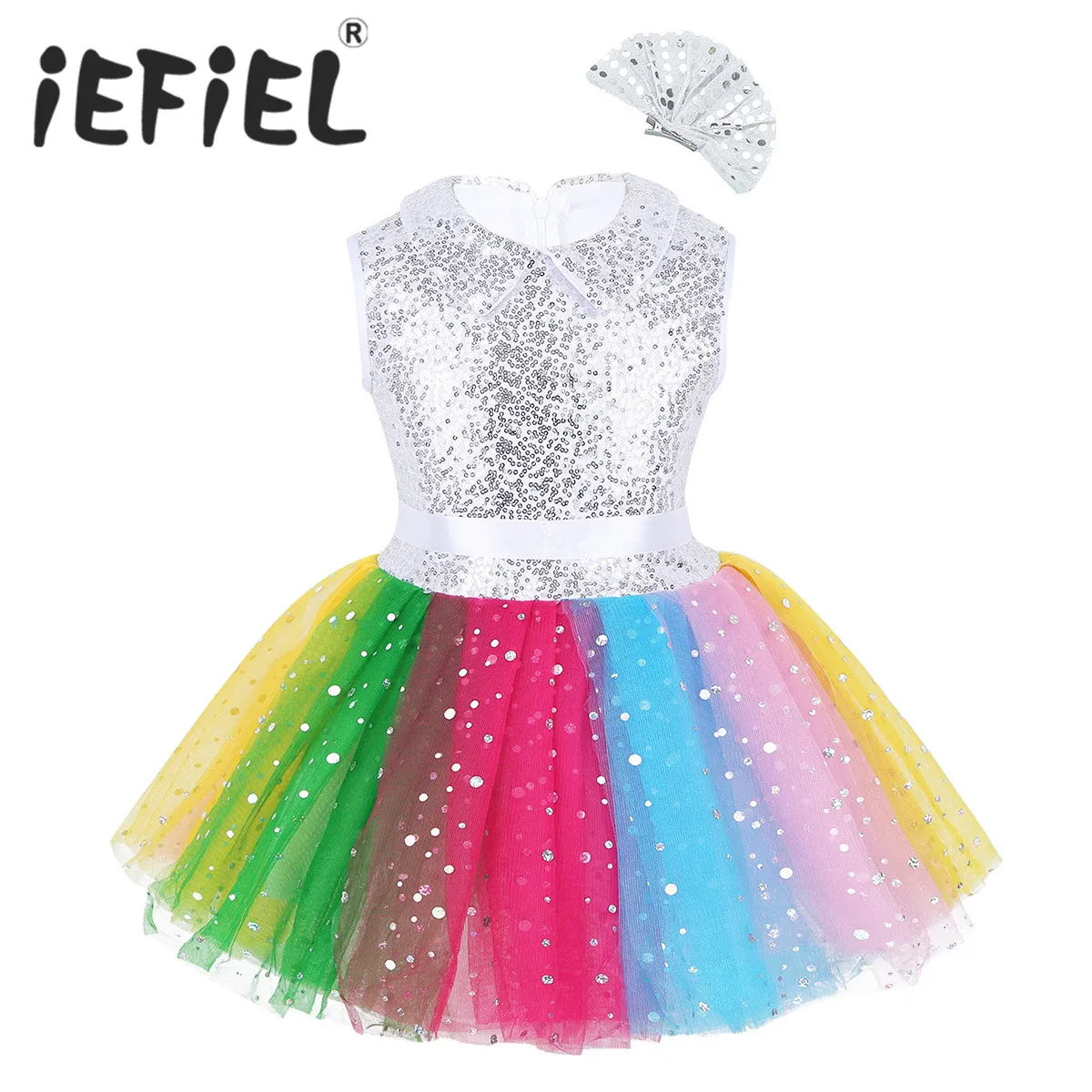 Для детей девочек, расшитое блестками Радужное платье с пачкой из сетки с заколками для волос, набор для хора, современный танец, сценическое представление, реквизит для фотосессии