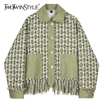 

TWOTWINSTYLE Loose Fit Green Plaid Tweed Tassels Elegant Jacket New Lapel Long Sleeve Women Coat Fashion Tide Autumn Winter 2020