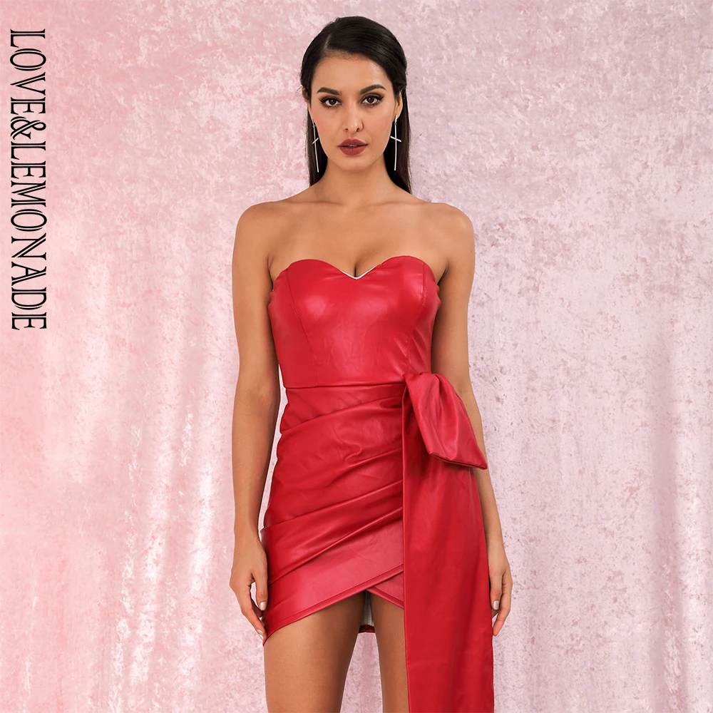 

LOVE&LEMONADE Red Bandeau V-Neck Double Streamers Cross PU Material Mini Party Dress LM82017 autumn/winter