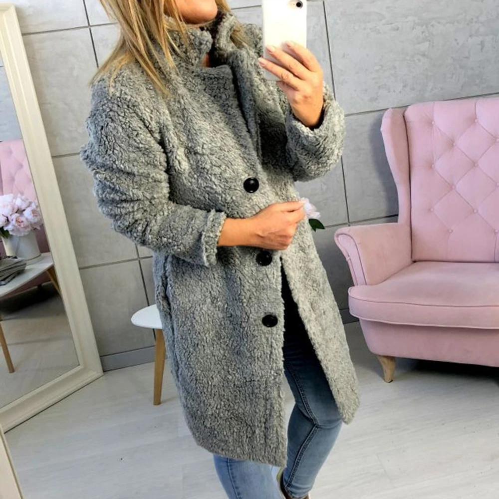 

Women Plush Fleece Winter Long Coat Autumn Women Button Warm Jacket Casual Korean Style Outwear Mid-Length Faux Woolen Overcoat