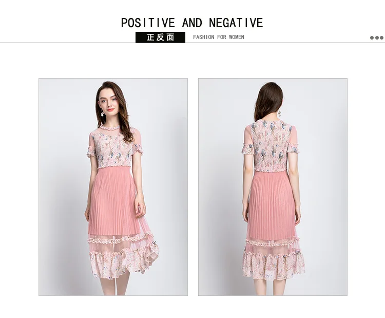 Mesh Patchwork Print Dress Pleated Short Sleeves Knee-Length O-Neck Women Dresses Autumn Plus Size Floral Elegant Dress
