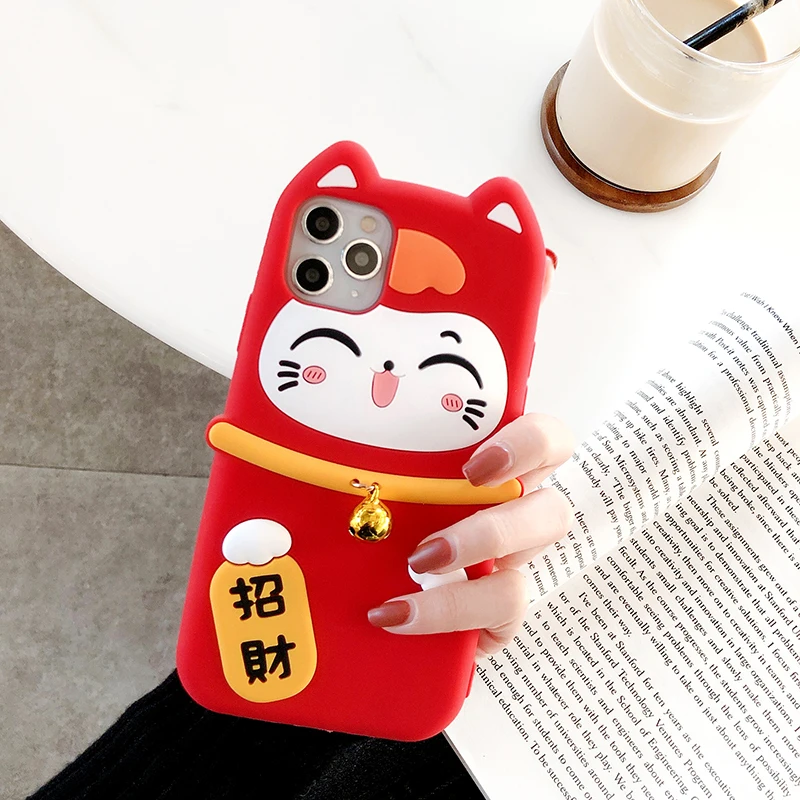 Мягкий чехол для iphone XS max Lucky Cat для iphone 11 pro max XR X 6 7 8 plus Maneki Neko праздничный мягкий чехол для телефона маленький колокольчик