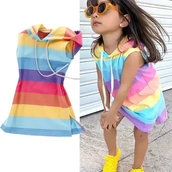 

Sweet Kids Baby Girl Sleeveless Summer Clothes Rainbow Striped Dress Outfit 1-7Y