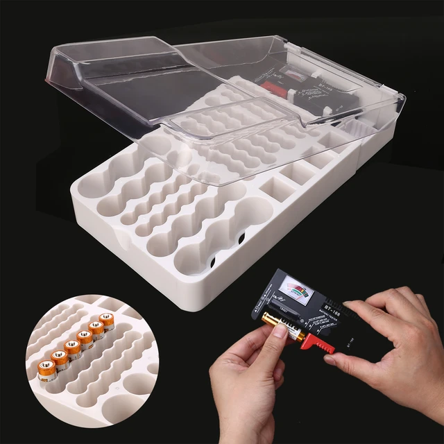 Battery Storage Organizer Holder with Tester - Battery Caddy Rack Case Box  Holders Including Battery Checker For