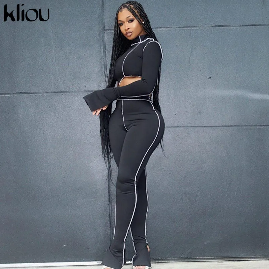 Kliou un hombro de 2 piezas trajes flare manga asimetría tops + legging deportivo conjuntos skinny Mujer streetwear