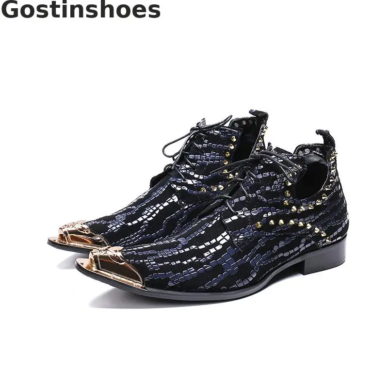 

Fashion Black Boots Genuine Leather Lace-up Rivets Decoration U-cut Shaft Men Martin Boots Work Western Boots Metal Cap Toe