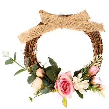 

Home Decoration Garland Burlap Knot Artificial Rose Flower Wreath Hanging Wreath Front Door Window Wall Decor