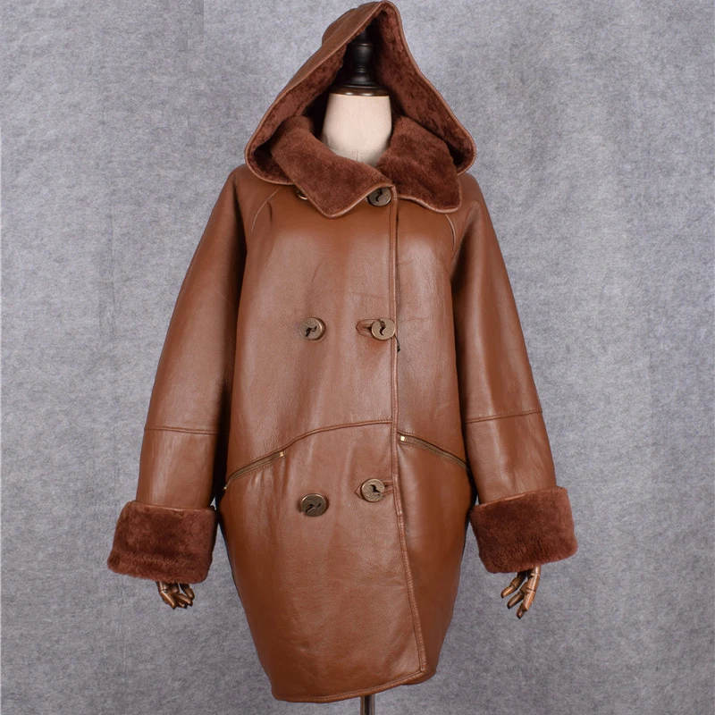 

Women's Genuine Sheepskin Shearing Leather Overcoat Loose Casual Jacket for Female Wool Liner Plus Big Large Size XXXXXL 5XL 6xl