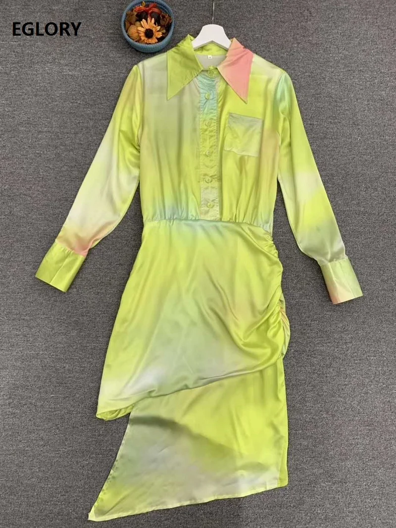 

New 2020 Autumn Hot Sale Dress High Quality Women Turn-down Collar Gradient Color Print Sexy Asymmetrical Style Long Shirt Dress