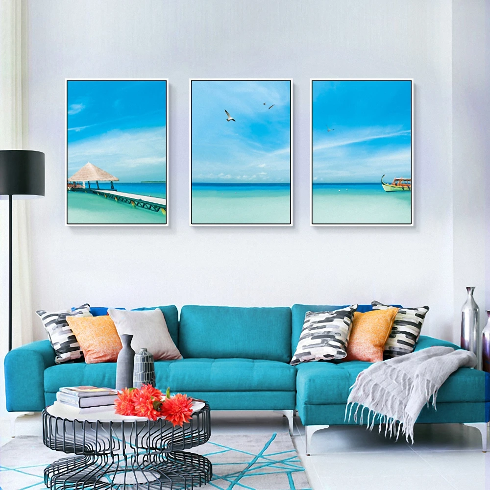 Blue Sea Sky Boat Natural Landscape Art Wall Canvas Painting Summer View Poster for Living Room Bedroom Decoration | Дом и сад