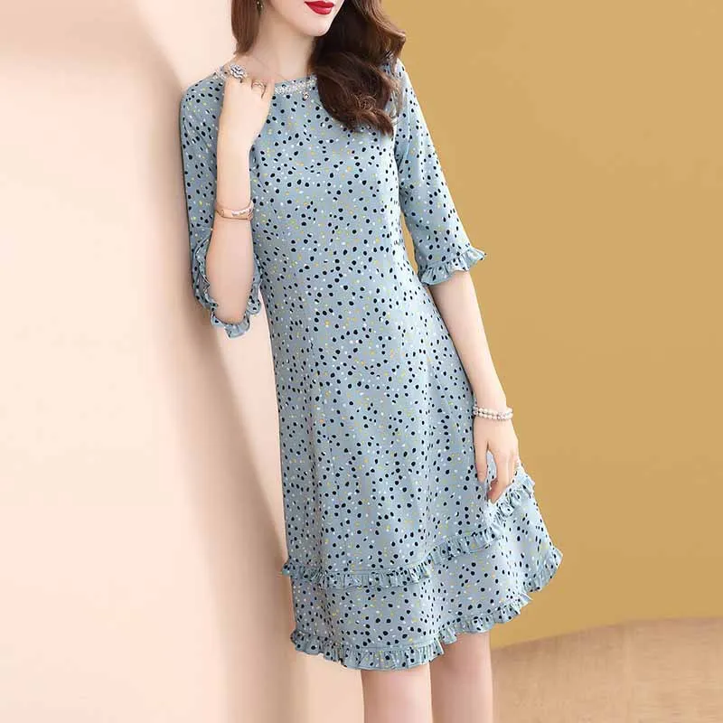 

Ozhouzhan Spring Clothing Blue Large Size Floral Printed Dress Women's Spring And Autumn Mid-length 2019 New Style Popular Skirt