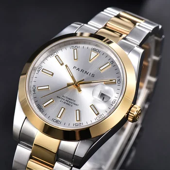 

Casual Parnis White Dial Automatic Men's Watches Calendar Gold Silver Strap Mechanical Men Watch zegarek meski top luxury brand