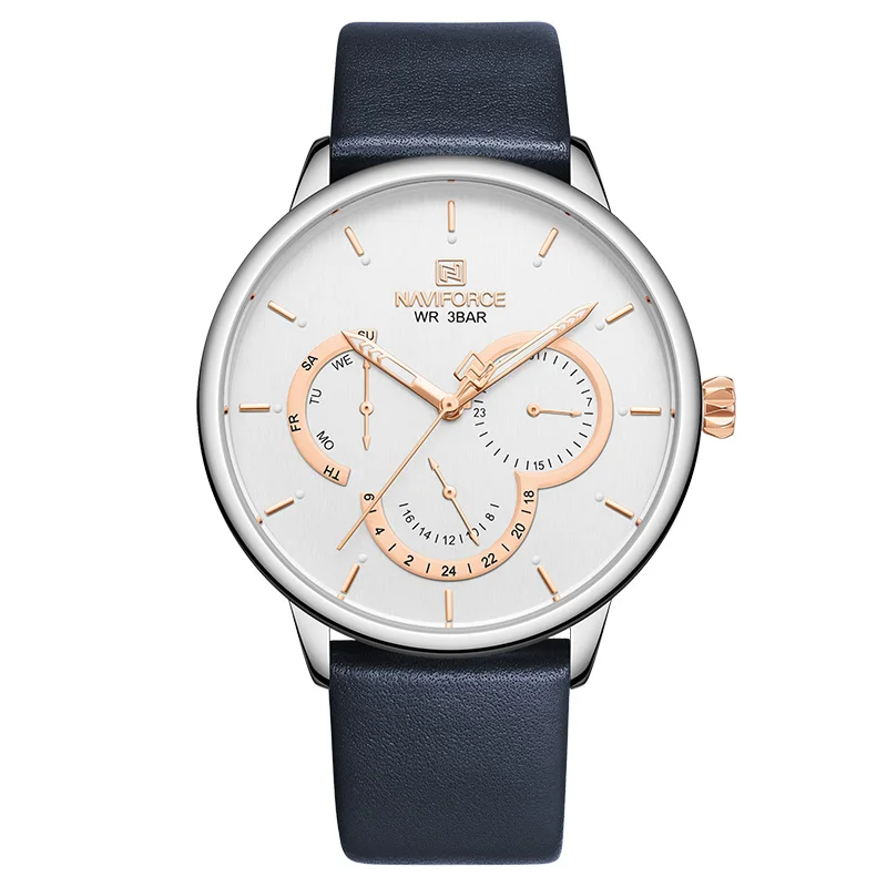 NAVIFORCE мужские часы лучший бренд класса люкс Водонепроницаемые кожаные кварцевые часы мужские модные 24 часа Дата мужские часы Relogio Masculino - Цвет: blue white