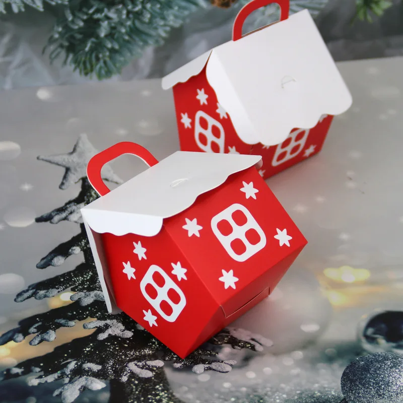 

5pcs Christmas Red House Shape Candy Box With Handle Gift Boxes Kraft Paper Cookies Snack Packaging Boxes Xmas Party Decoration