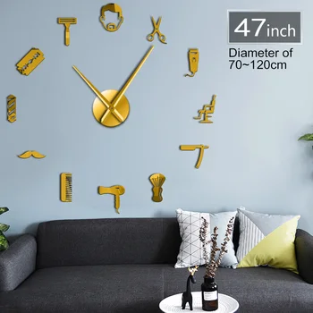 

Barber Shop Tools Beard Style Frameless 3D Wall Clock Male Hairstyle Mustache Quartz Acrylic Size Adjustable DIY Mirror Sticker