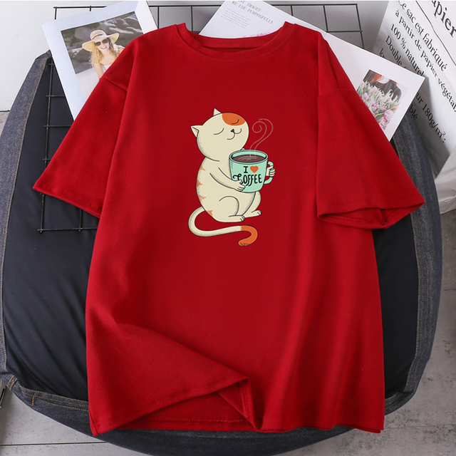 Love Cat Print O-neck 2021 T-shirts Woman Hip Hop Streetwear Tops Fashion High Quality Clothing Short Sleeve Tees K-pop Female