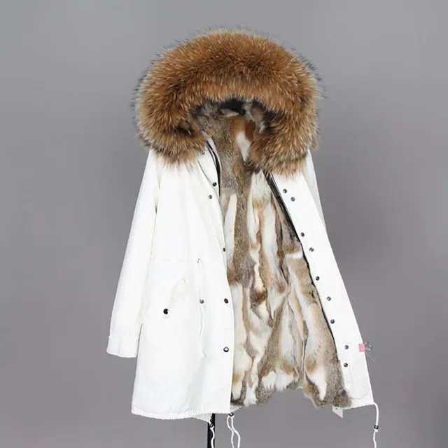 Однотонные средней длины женские зимние парки из натурального меха натуральный мех белая хлопковая куртка зимняя женская меховая куртка парка - Цвет: Rabbit Fur Liner 1