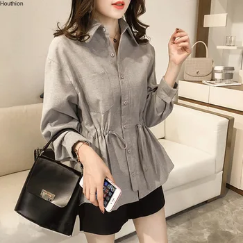 

Houthion Women's Top Shirt Blouse Spring Summer New Korean Version of Loose Solid Color Plus Size Long Sleeves Top Shirt Blouse