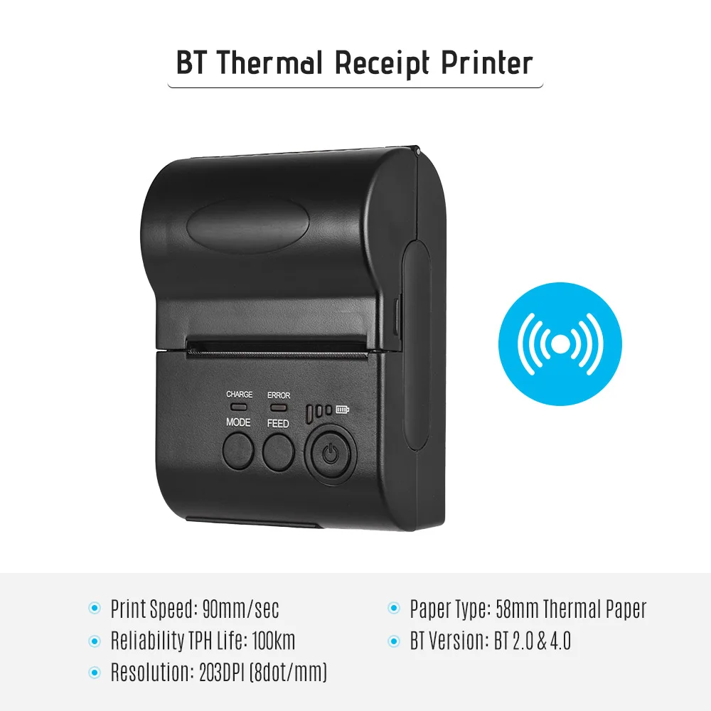 

Portable Personal Mini 58mm Wireless BT Thermal Receipt Printer Bill Ticket Printing Compatible with ESC/POS Print Command