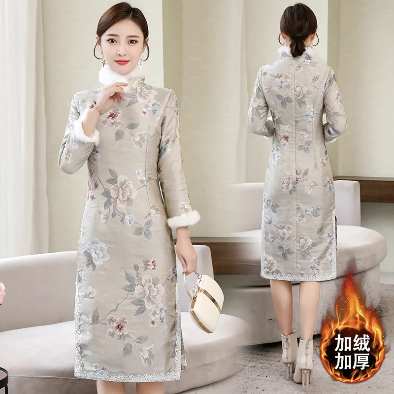 

2019 Autumn And Winter Really Rabbit Fur Long Sleeve Brushed And Thick Warm Mid-length Dress Chinese-style Improved Cheongsam