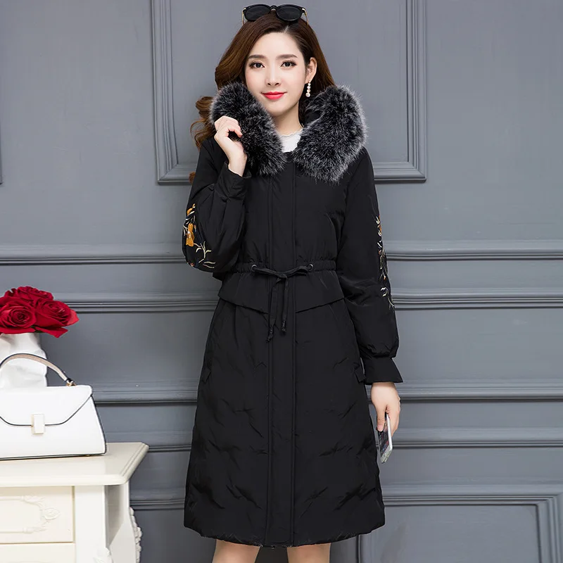 

Large Fur Collar Embroidered Cotton-padded Clothes Women's 2019 Winter New Style off Season Mid-length Short-height Cotton-padde