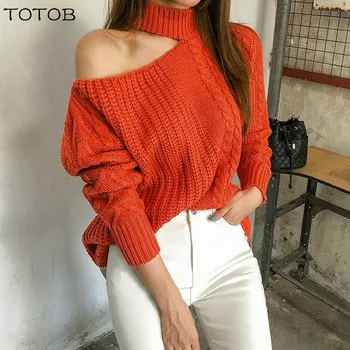 

Women Sexy One Shoulder Turtleneck Sweater Solid Twisted Striped Knit Ladies Tops Pullover Batwing Long Sleeve Jumper Sweaters