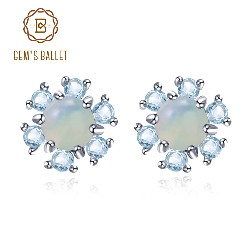 

GEM'S BALLET Naturally African Opal Sky Blue Topaz Floral Vintage Stud Earrings 925 Sterling Silver Women Fine Jewelry