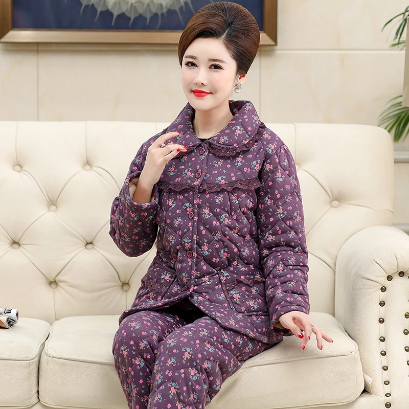 

Трехслойный стеганый женский пижамный комплект с отложным воротником и маленькими цветами, утепленная Вязаная хлопковая Домашняя одежда, фиолетовая повседневная одежда для женщин