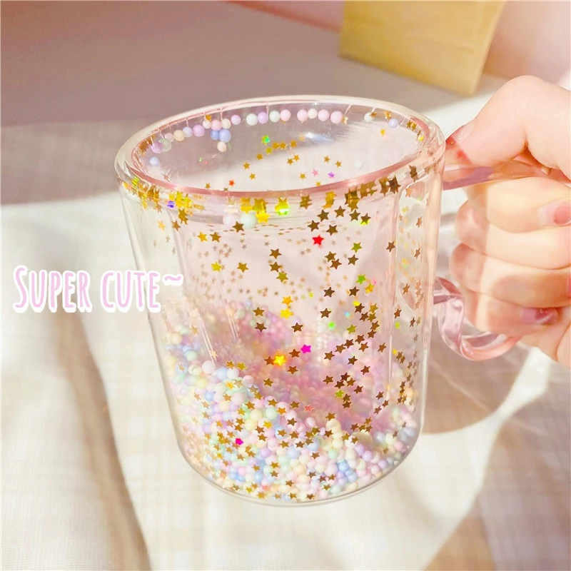 Korean ins Girl Heart Kawaii  Bubble Star Sky Cup Star Sequin Double Wall Glass Coffee Cup Handle Heat Resistant Milk Cup_voghion.com