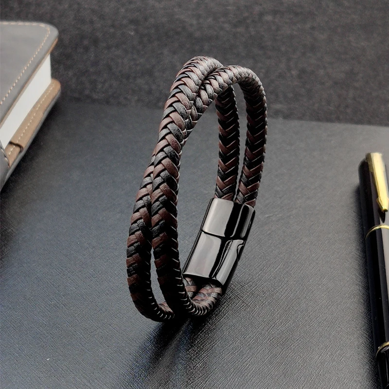 Titanium Steel Bracelet Double Layer Brown Black Leather Braided Rope Man Stainless Steel Magnetic For Women Gift bracelet jewelry