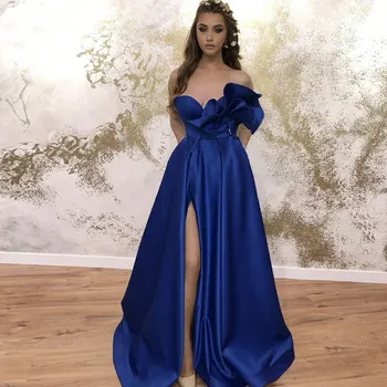

2020 royal blue satin Prom party evening dresses vestido de noiva sereia robe de soiree vestido novia playa formal pleat pockets