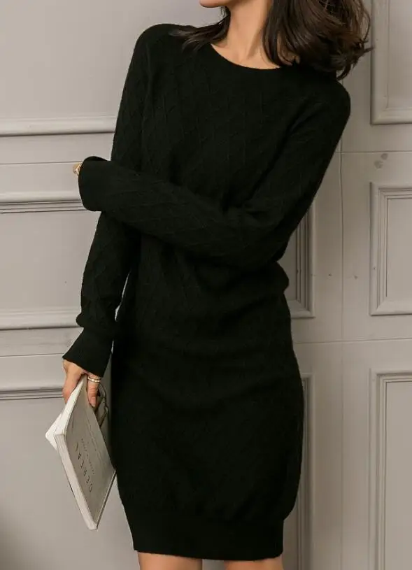 Black Autumn Winter New Style Women Sweater O-neck Pure Cashmere Pullover Long-sleeved Loose Bottoming Sweater Dress - Цвет: Black
