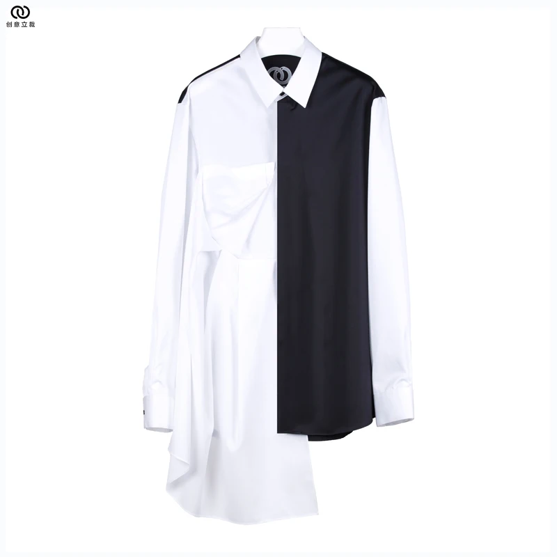 S-6XL New women men's clothing Hair Stylist original Asymmetric Decoration of pleated black white Shirt plus size costumes