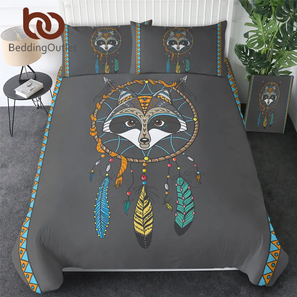 BeddingOutlet Dreamcatcher Bedding Set Raccoon Duvet Cover Totem Animal Tribal Bedspread Owl Wolf Fox Elk Bear Boho Bed 3pcs | Дом и сад