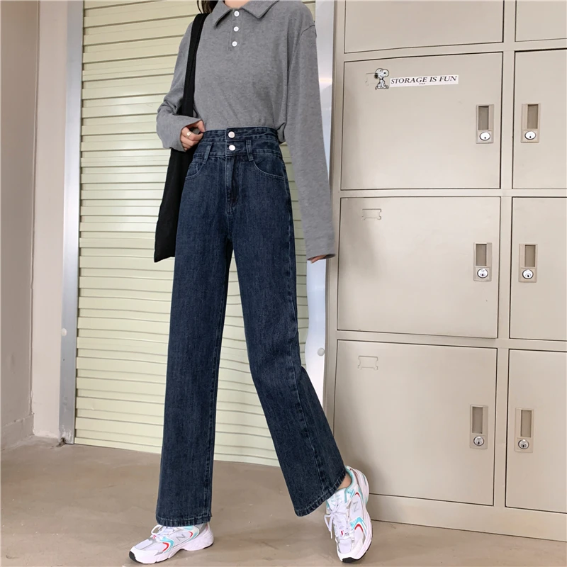 high waisted jeans Double Buckle Jeans New Wide Leg Pants High-Waisted Jeans Loudspeaker Pants Straight Leg Jeans Blue Washed Demin  Black Pants fashion clothing