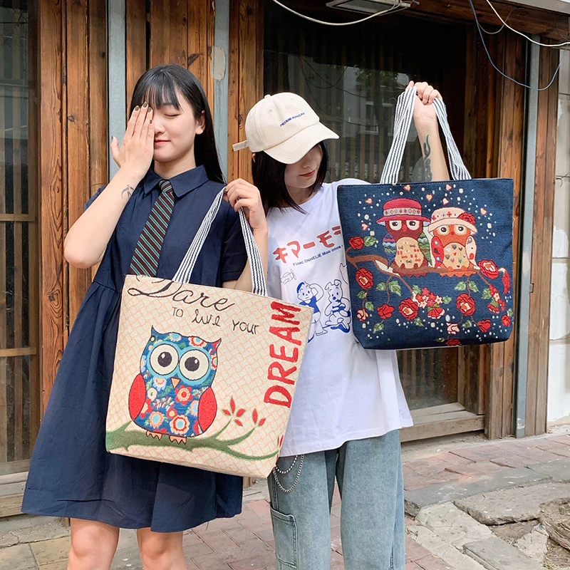 女性キャンバスフクロウトートバッグかわいい漫画イラストショッピングバッグ女の子の綿の布ショルダーバッグの女性のハンドバッグビーチショッパーバッグ Aliexpress
