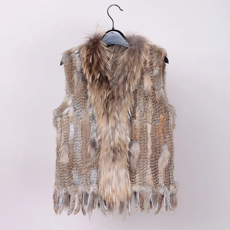 natural camel VR006 Горячая жилет из кроличьего меха Женский вязаный натуральный мех енота воротник жилет куртка размера плюс 4xl - Цвет: natural camel