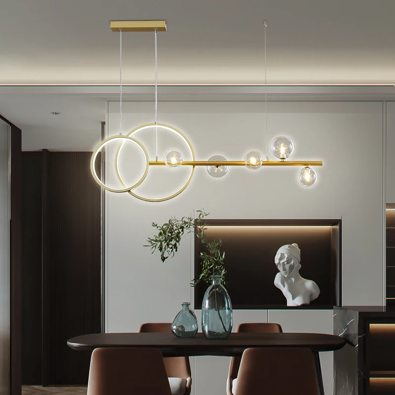 LED Chandelier Simple Modern Dining Living Room Long Hanging Light Bar Coffee Restaurant Glass Ball Pendant Lamp Black Or Gold