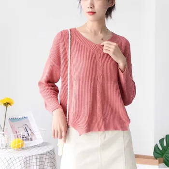 

Women Retro Solid Color Sexy Long Sleeved V-neck Long Knitwear Sweater Loose Tops Pink Blue Black White